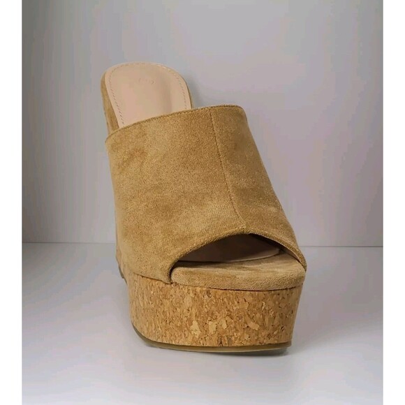 Unbranded Open Toe Beige Faux Suede 5.5" High Platform Cork Wedges Sandals Sz 10 - Picture 2 of 6
